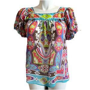 Nicole Miller Sheer Paisley Floral Top‎ S Square Neck Boho Embroidered Milkmaid